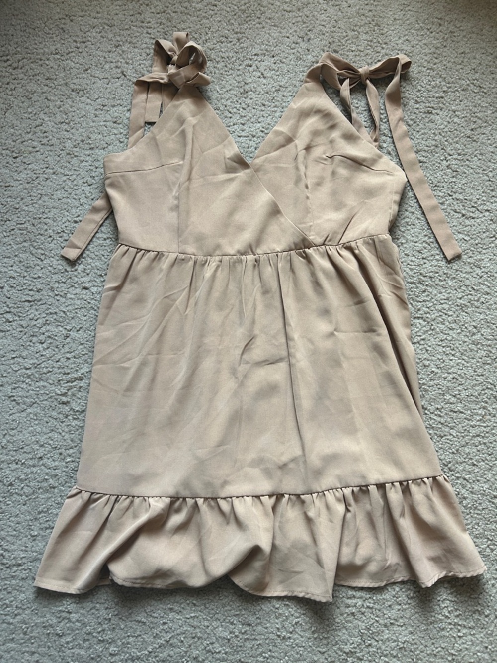 Tan Tie Strap Ruffle Hem Mini Dress